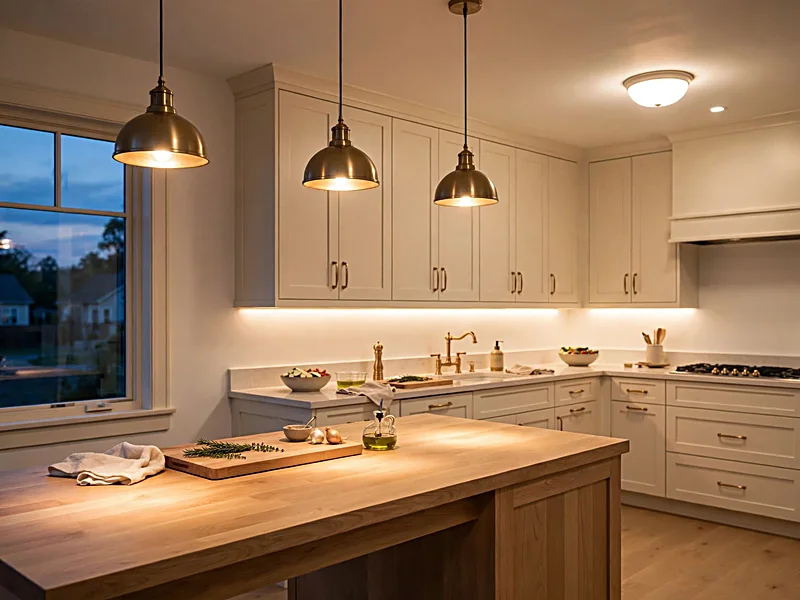 Kitchen with warm pendant lights, under-cabinet lighting, and soft evening illumination.