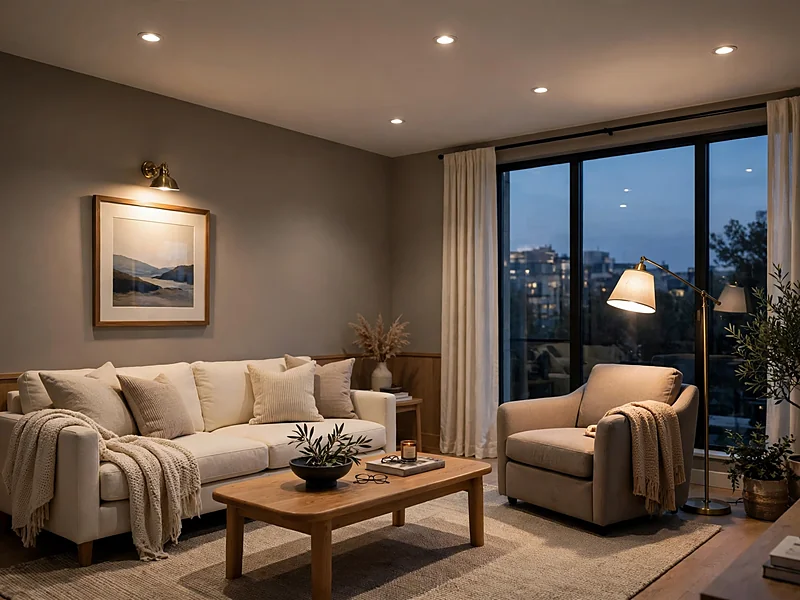 Condo living room using ceiling lights, a reading floor lamp, and a picture light above artwork.