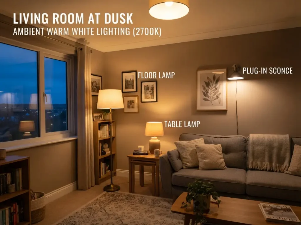 Living room with floor lamp, table lamp, and wall sconce showing ambient, task, and accent light

