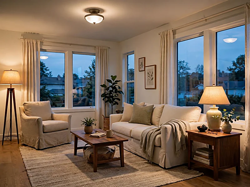 Cozy living room with a glowing floor lamp, table lamp, and soft overhead lighting.