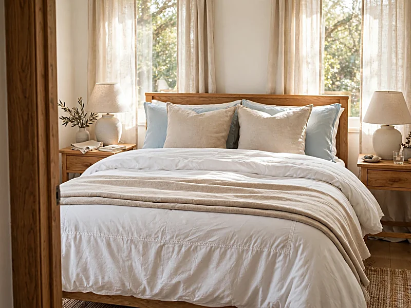 Bed with white bedding, a beige throw blanket, soft blue pillows, and a wooden headboard.