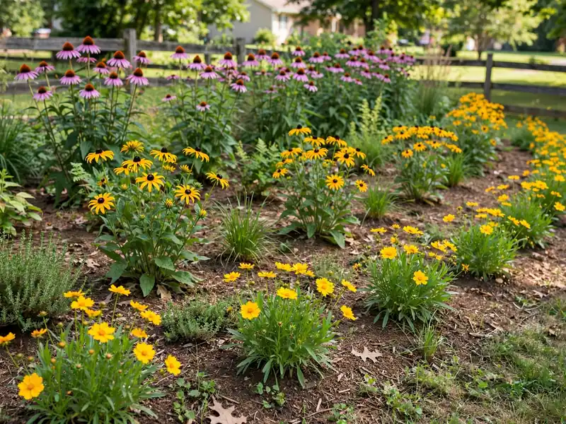Layered perennial flower bed with tall coneflowers, yellow black-eyed Susans, and shorter coreopsis near the front.