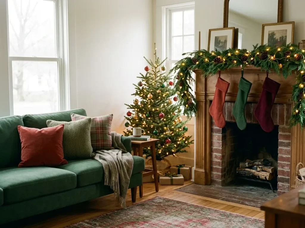 Living room with layered shades of forest green, brick red, and warm gold in pillows, stockings, and ornaments
