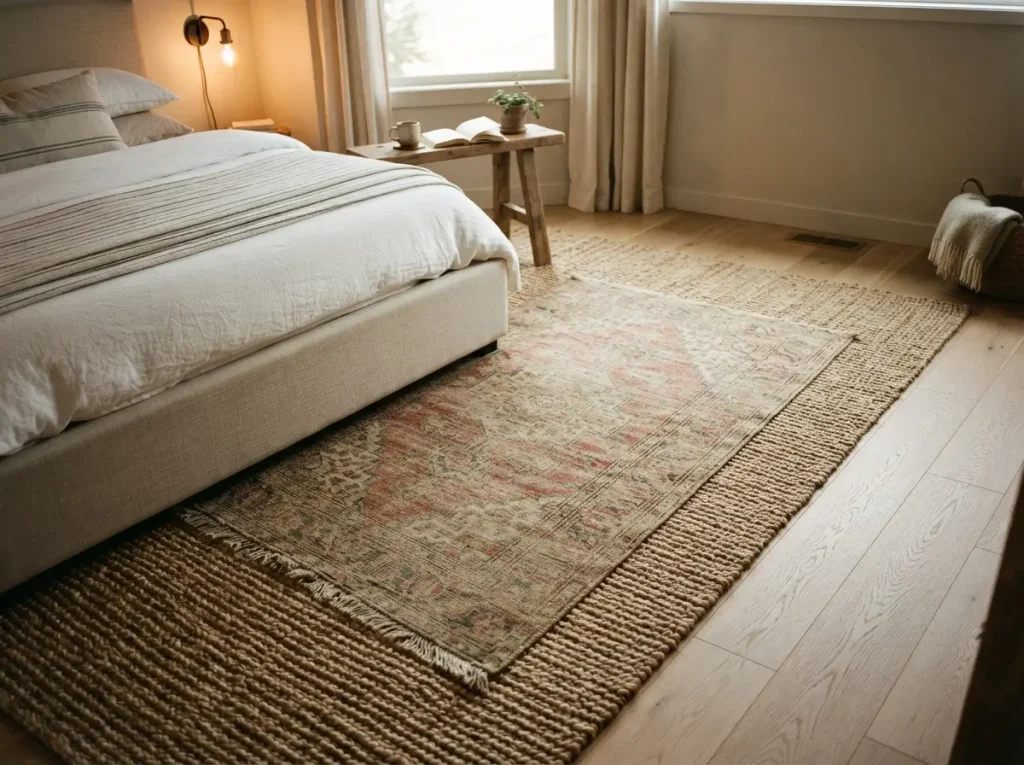 Vintage patterned rug layered at an angle over a large jute rug beside a bed
