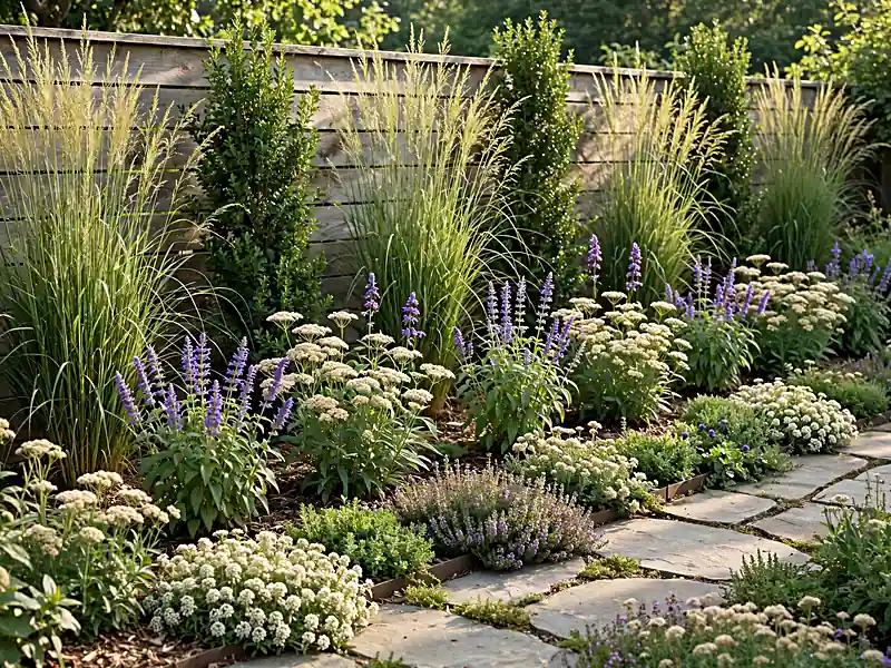 Small garden border with tall shrubs at the back, medium perennials in the center, and low flowers beside a path.