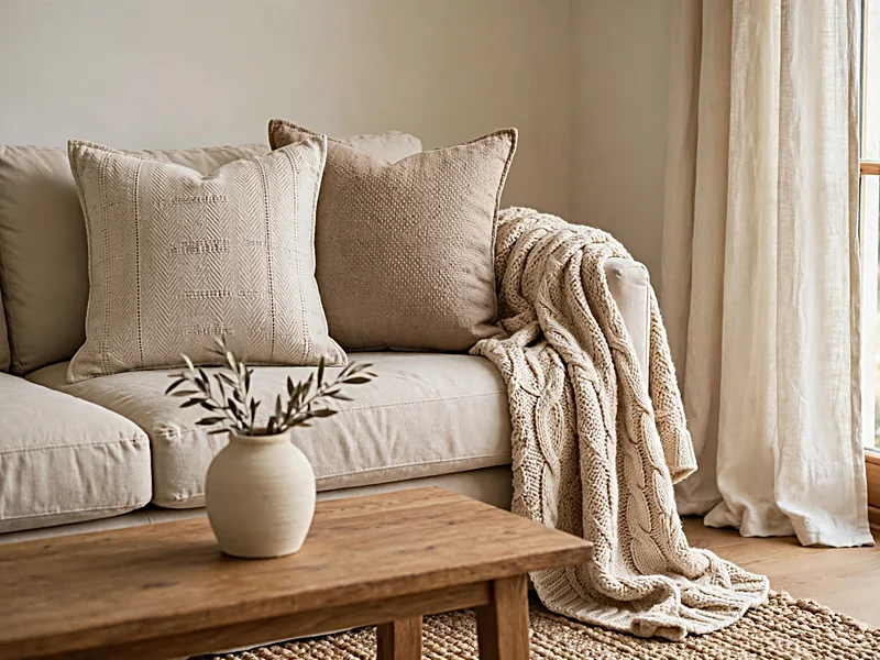 Neutral living room with a woven rug, linen curtains, cotton cushions, and a knitted throw blanket.