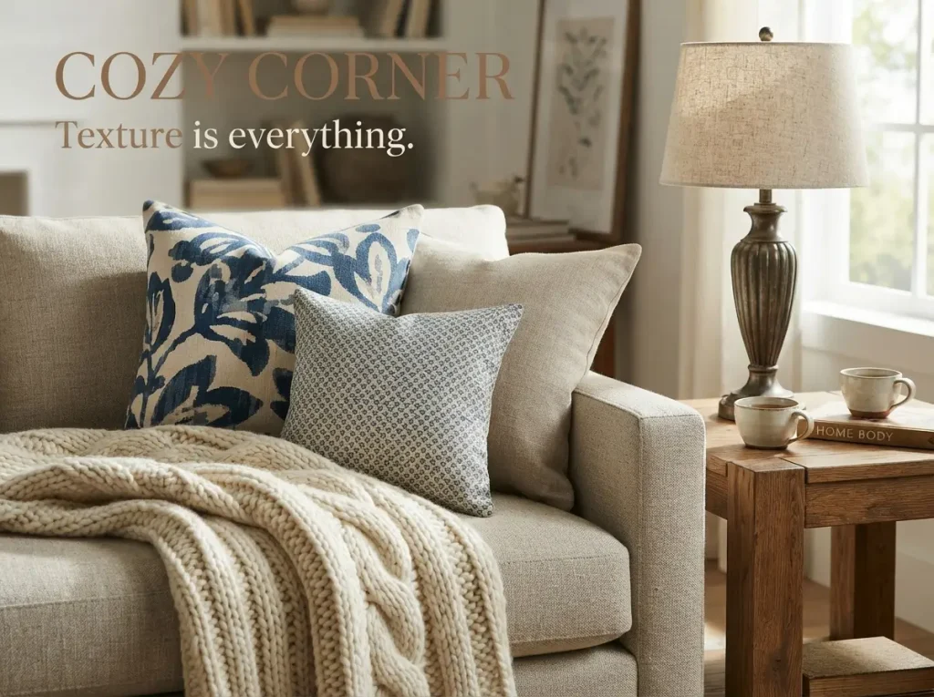 Close-up of a sofa layered with wool, linen, wood, and metal and one patterned pillow
