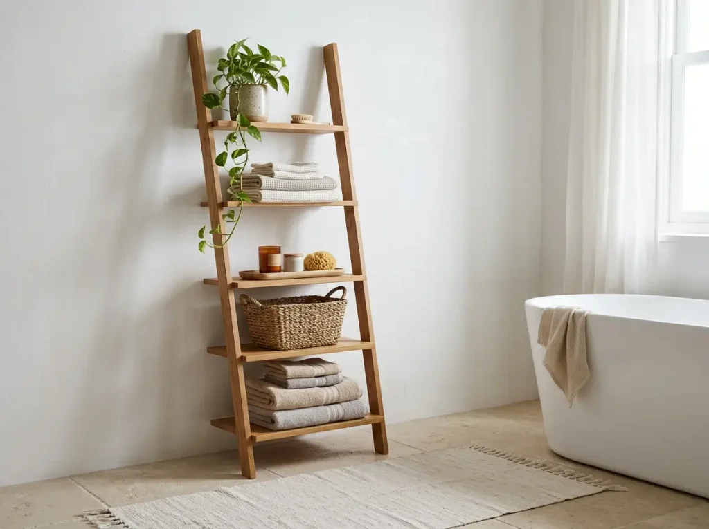 Leaning wooden shelf with towels, a plant and a tray in a bathroom
