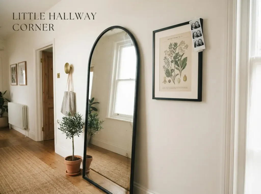 Large floor mirror leaning on a wall beside framed art hung with removable picture strips
