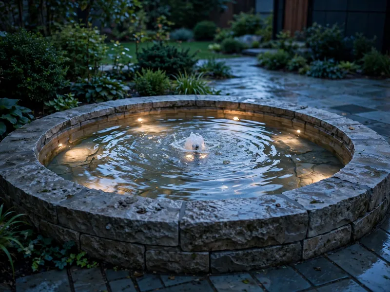 Stone garden fountain illuminated by warm underwater LED lights after sunset.