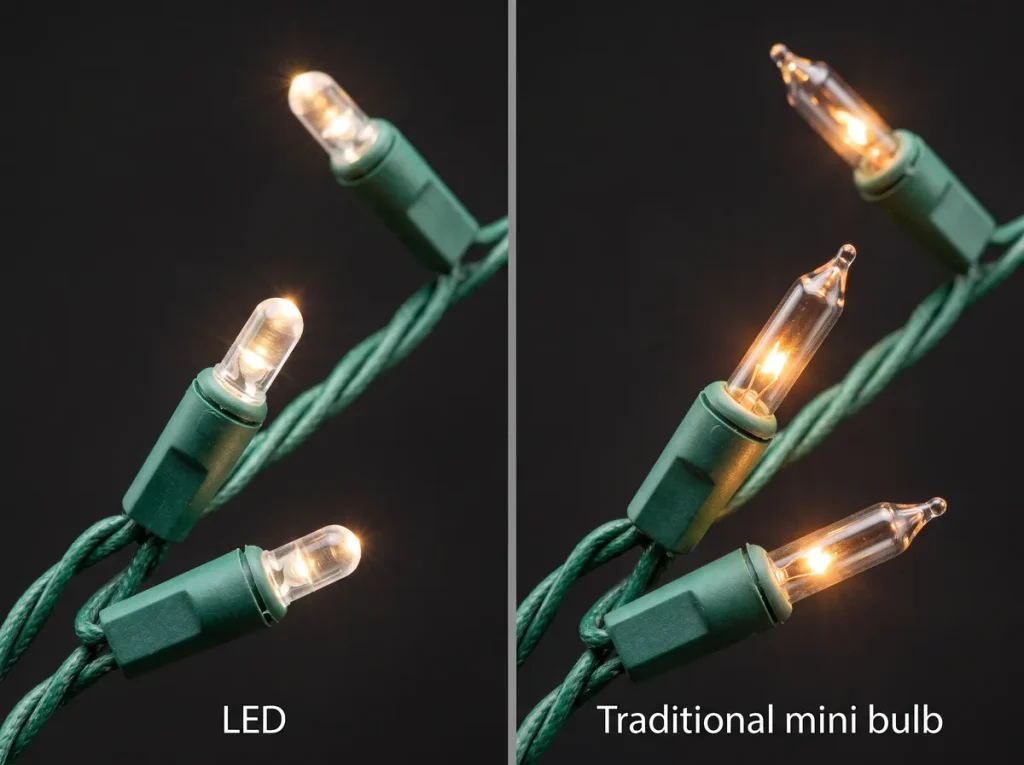 Close-up of an LED light string beside a traditional mini bulb light string, both glowing warm white
