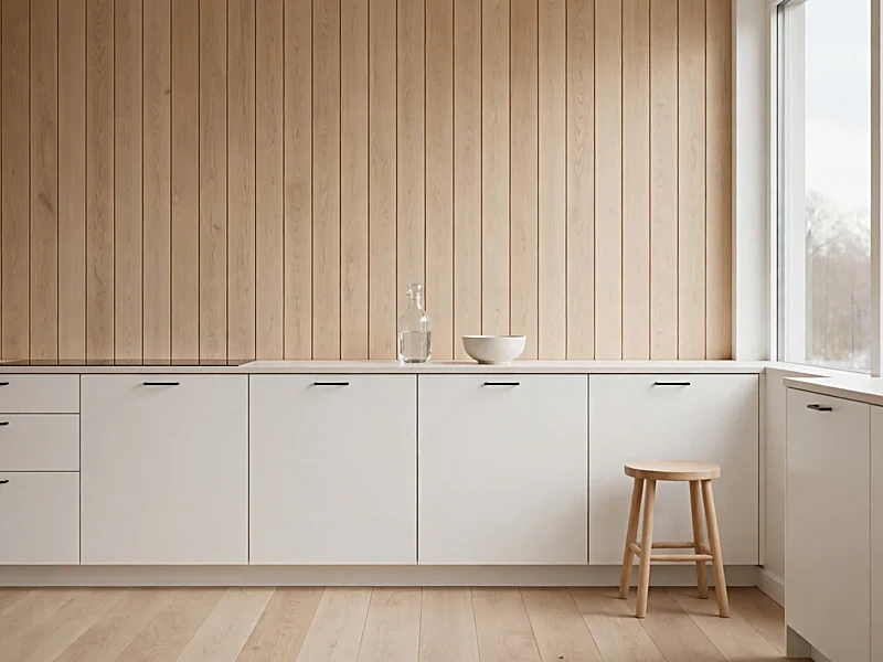 Scandinavian kitchen with pale oak vertical shiplap, white flat-front cabinets, and light countertops.