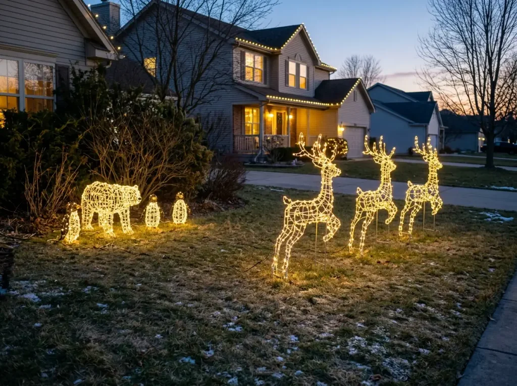 Lighted reindeer in a row and polar bears grouped near shrubs in a front yard, staked down.