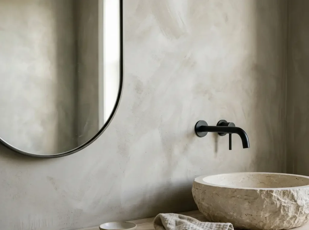 Warm greige limewash finish on a bathroom wall beside an oval mirror
