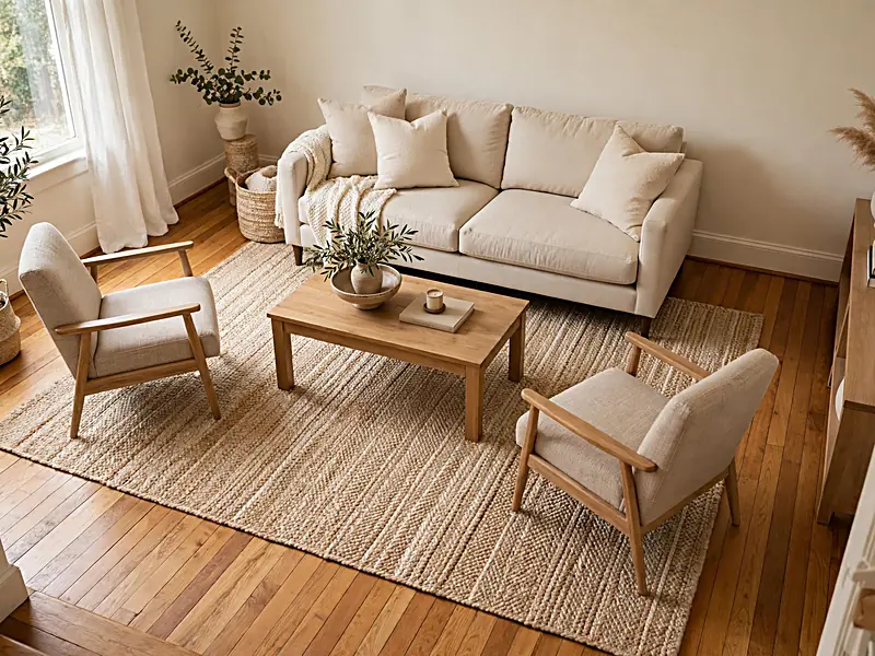 Living room seating arrangement with sofa and armchair front legs resting on a large neutral area rug.