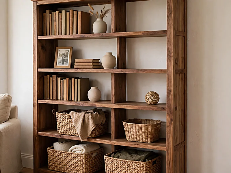 Wooden bookshelf displaying books, framed photographs, ceramic vases, woven baskets, and open shelf space.