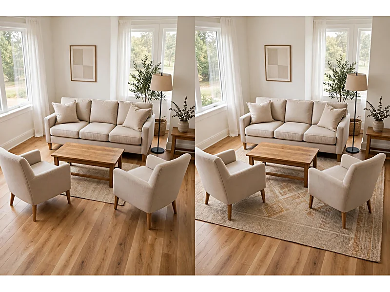 Side-by-side living room comparison showing a small disconnected rug and a larger rug supporting the sofa and chairs.