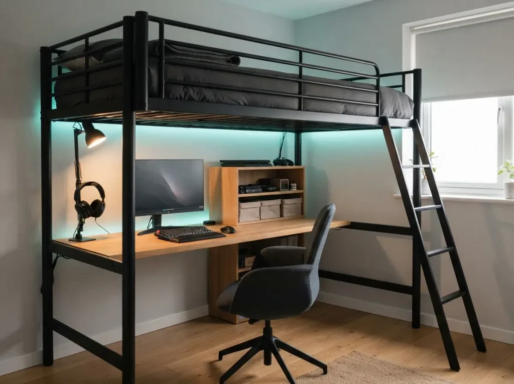 Loft bed with a gaming desk and shelves underneath in a small bedroom
