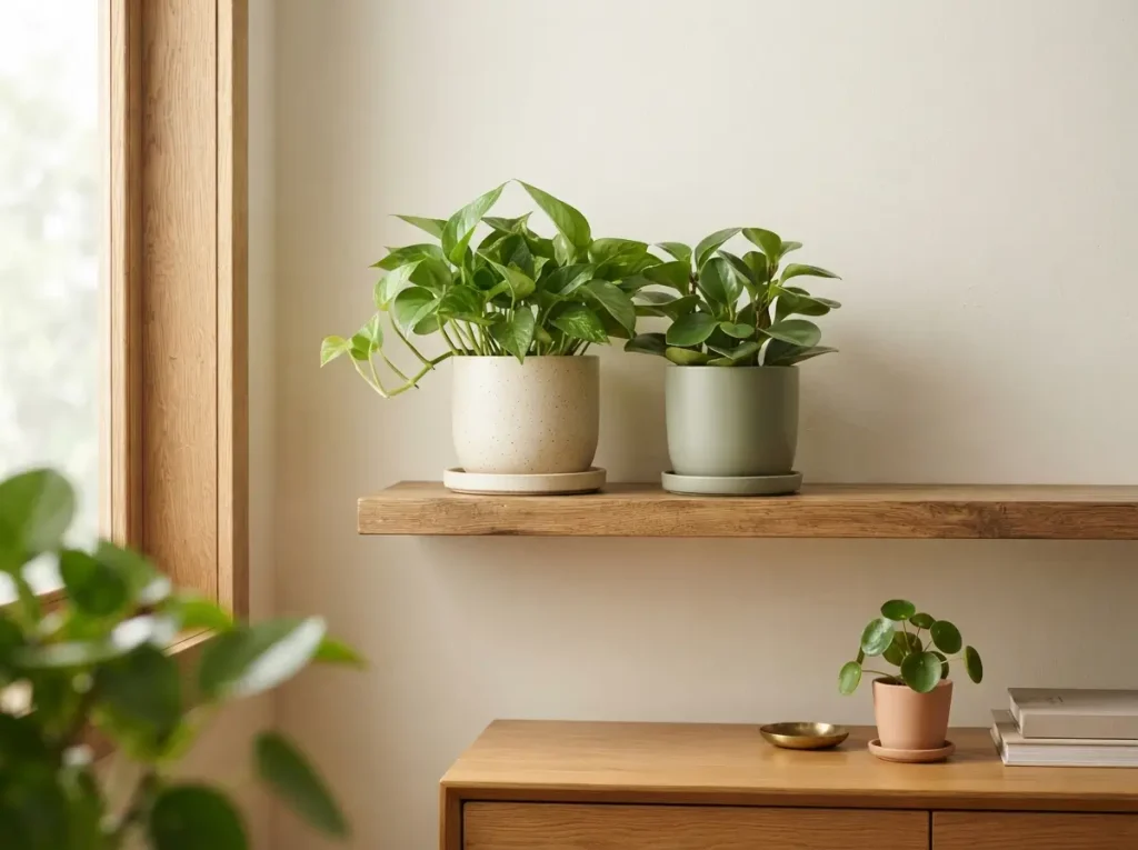Two leafy plants in matte pots on saucers on a wooden bedroom shelf, with a small plant on the dresser