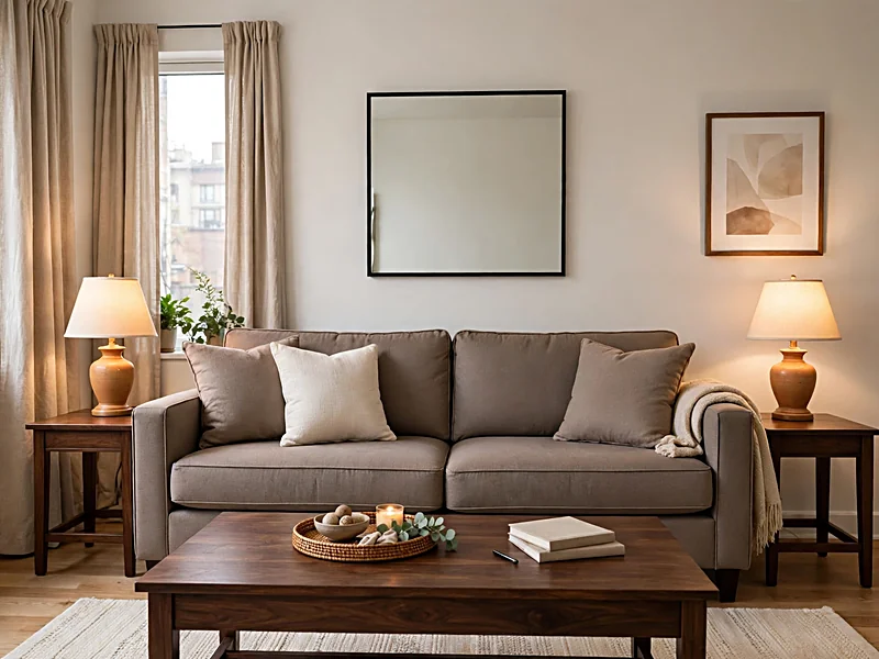 Elegant apartment living room with taupe seating, dark wood furniture, full-length curtains, and coordinated lighting.