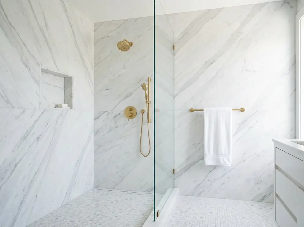 Marble bathroom with a walk-in shower, brushed gold shower head and trim, and a matching marble floor
