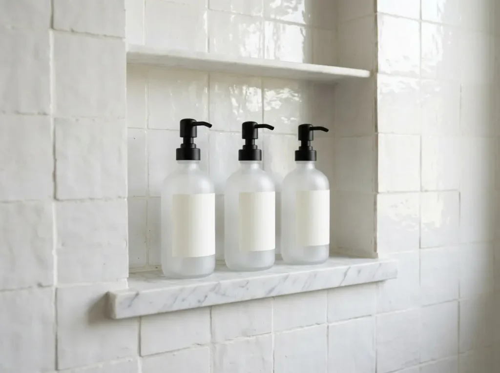 Three matching frosted pump bottles on a shower niche shelf
