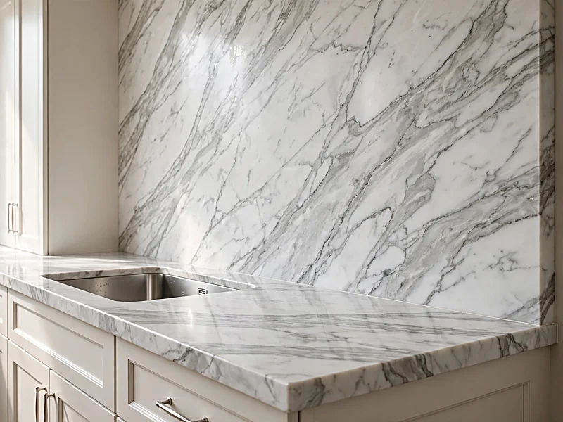 Kitchen with matching white marble countertop and full-height backsplash featuring continuous gray veining.