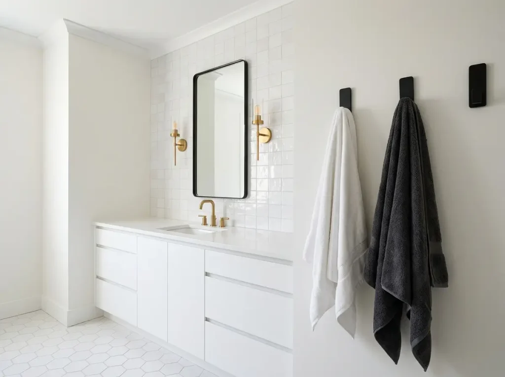 Bathroom with a matte black mirror frame and wall hooks, a brushed gold faucet, and brushed gold sconces
