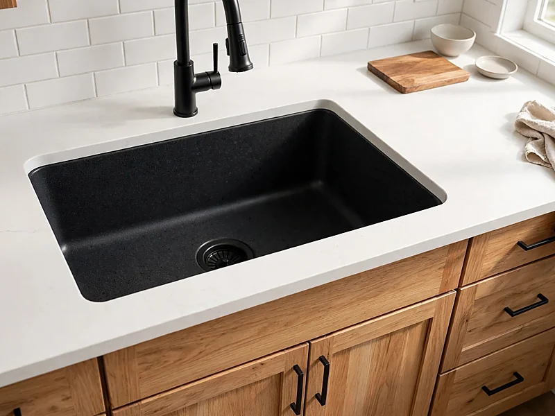 Matte black granite composite sink set into white quartz countertops above warm oak cabinets.
