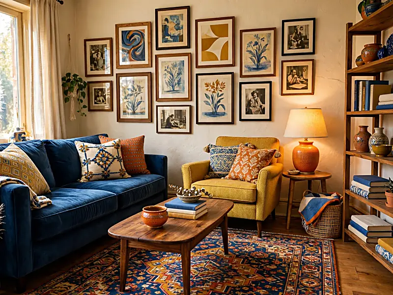 Maximalist apartment with a colorful gallery wall, patterned rug, rich fabric sofa, and displayed personal collections.