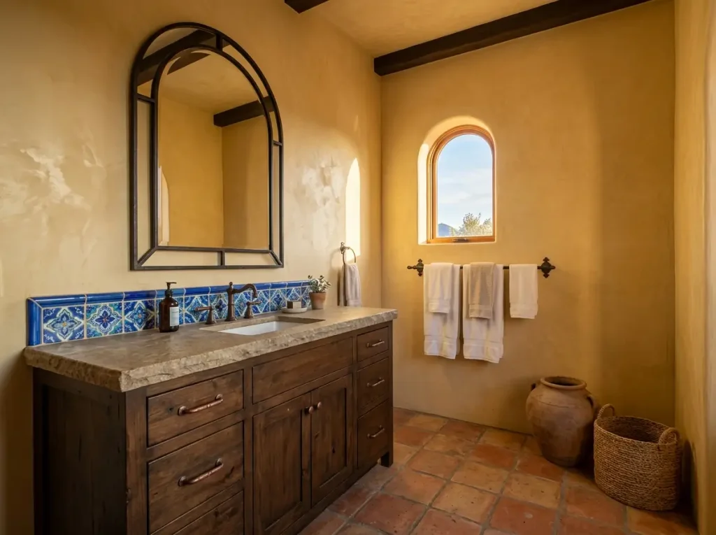 Mediterranean bathroom with terracotta floor, yellow walls, blue hand painted tile, and iron towel rack