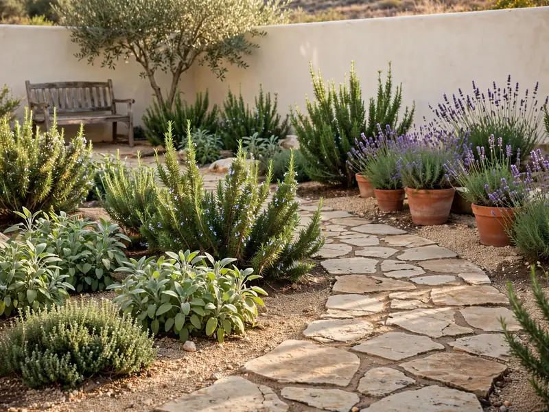 Sunny Mediterranean-style garden with lavender, rosemary, terracotta pots, gravel planting beds, and a natural stone pathway.
