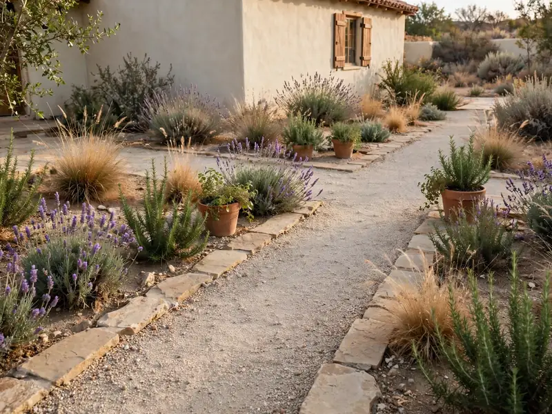 Mediterranean-inspired residential garden with gravel walkway, lavender, rosemary, warm stone paving, and terracotta pots.