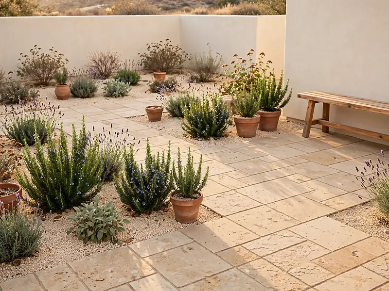 Mediterranean-inspired courtyard with warm stone paving, terracotta planters, gravel, and drought-tolerant plants.