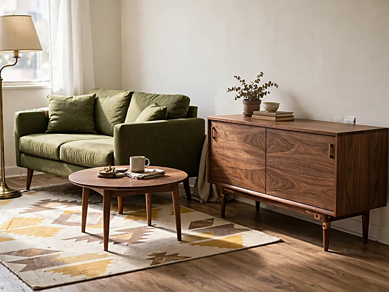 Mid-century modern apartment with a walnut sideboard, tapered-leg furniture, olive sofa, and geometric rug.