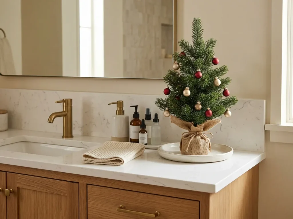 Miniature Christmas tree with small red ornaments on a ceramic tray beside bathroom vanity essentials.