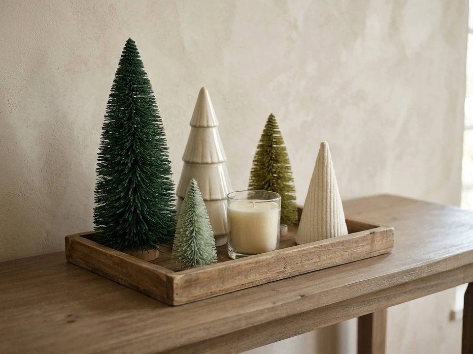 Five mini Christmas trees of different heights on a wood tray with a candle