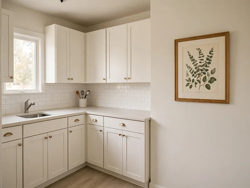Small white kitchen with one framed wall print and mostly clear countertops.