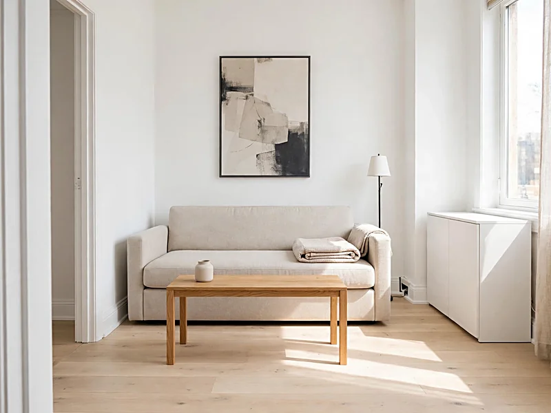 Minimalist apartment with a compact neutral sofa, slim coffee table, simple artwork, and uncluttered storage.