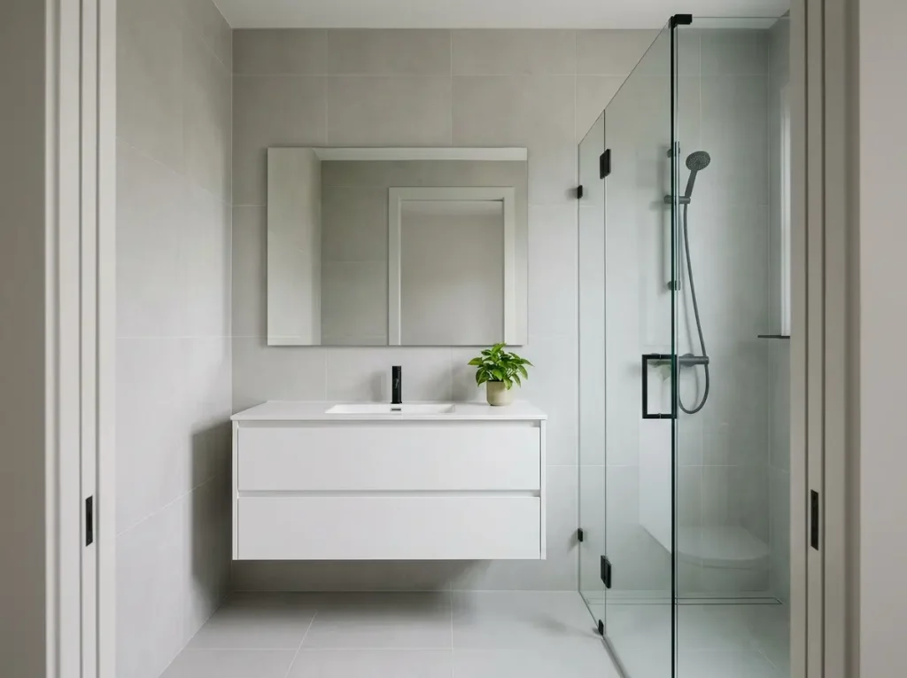 Minimalist bathroom with floating white vanity, large gray tiles, and frameless glass shower
