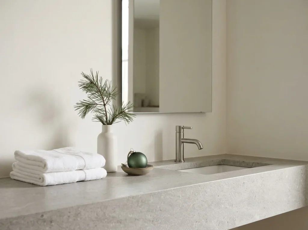 Minimalist white bathroom with folded cotton towels, artificial pine branches, and a single green Christmas ornament.
