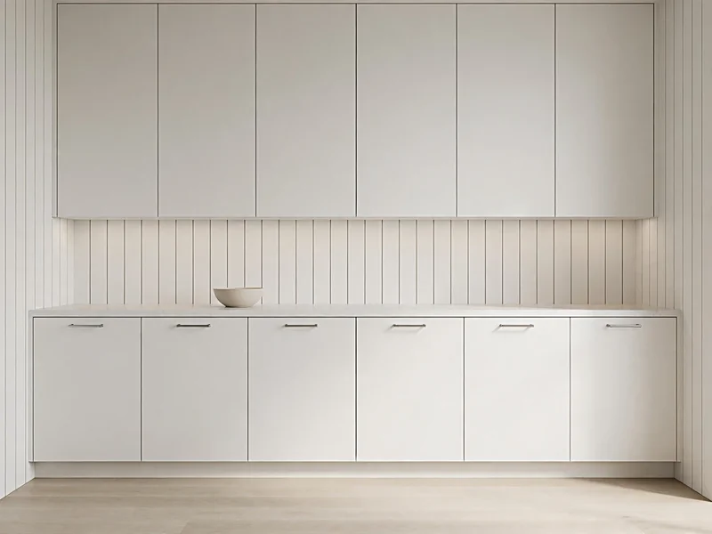Minimalist white kitchen with narrow white vertical shiplap, flat-front cabinets, and pale quartz counters.