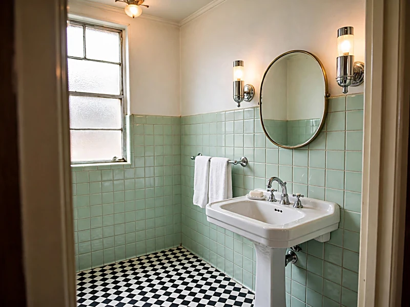 Vintage bathroom with pale mint wall tiles, white pedestal sink, chrome faucets, and black and white flooring.