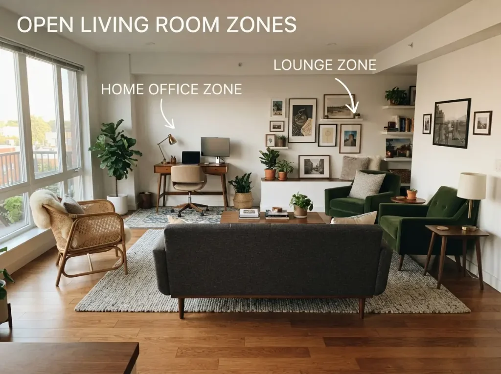 Living room with a floating sofa, two different chairs, and a desk zone with its own rug
