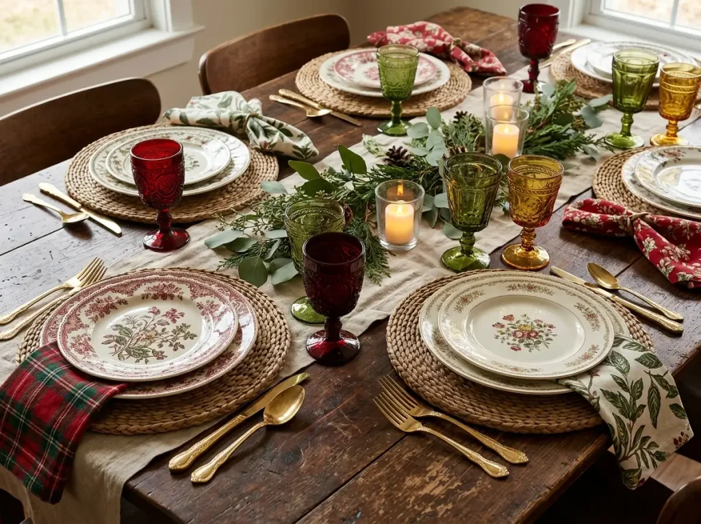 Dining table set with mismatched vintage china, gold flatware, glass goblets, and woven chargers in red and green