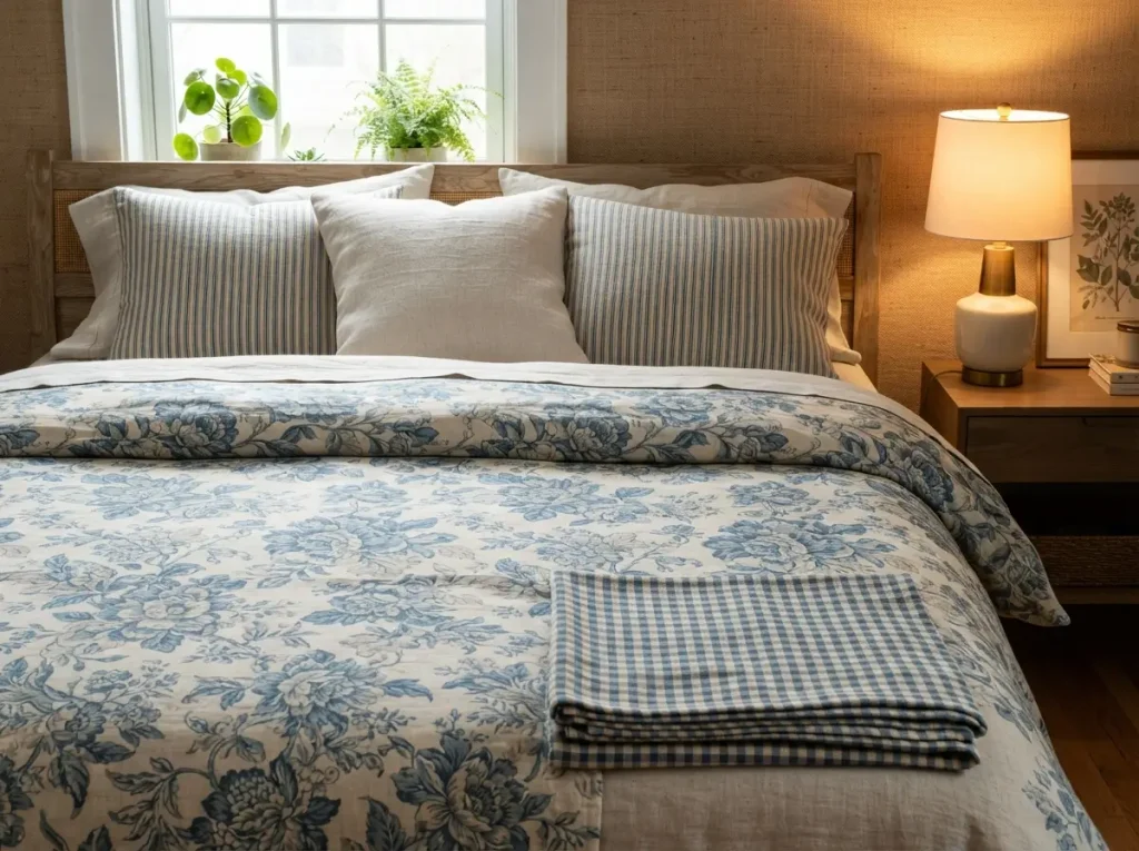 Bed with a large floral duvet, medium stripe pillows and a small check throw in one blue and cream color family
