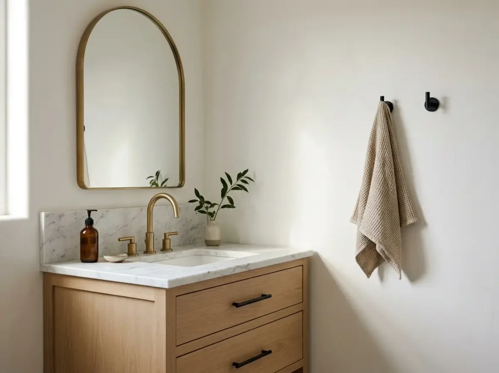 Brass faucet with matte black hooks and pulls in a bathroom
