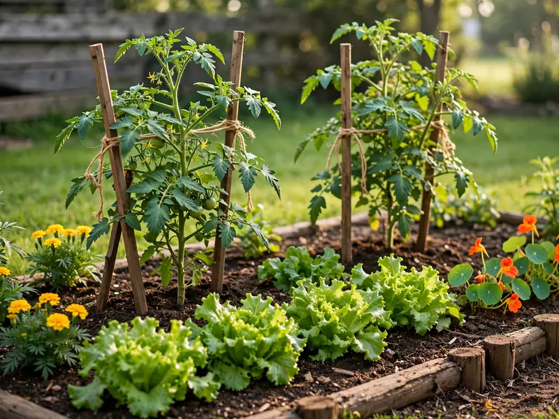 Backyard vegetable bed combining lettuce, tomato plants, yellow marigolds, and orange nasturtium flowers.