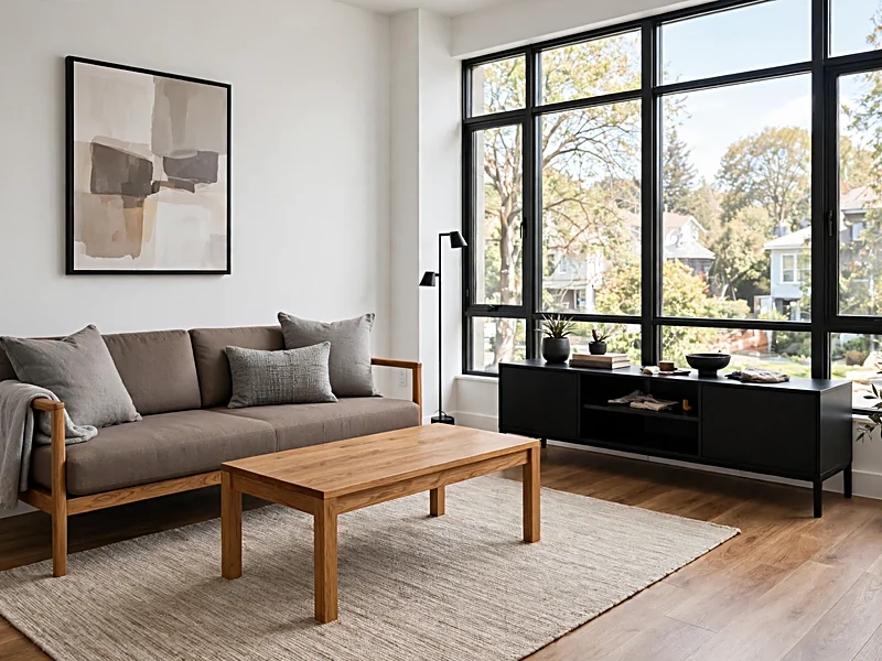 Modern apartment living room with a low-profile sofa, black floor lamp, wood coffee table, and abstract wall art.