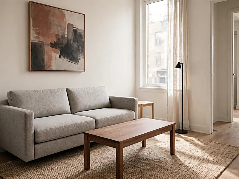 Modern apartment living room with a light gray sofa, walnut coffee table, black accents, and simple framed artwork.